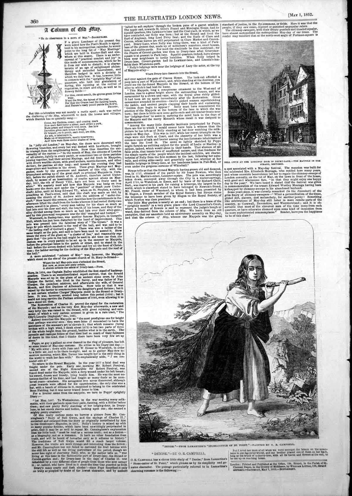 Old Antique Print Nell Gwyn Drury Lane Denise Stone Cutter St Point 1852 19th