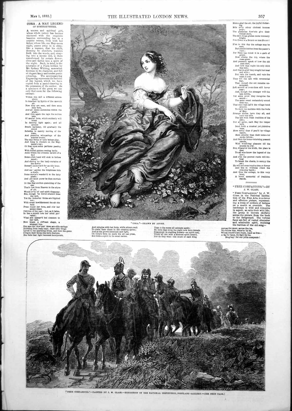 Antique Old Print Cora Andre Free Companions J Glass Portland Gallery 1852 19th