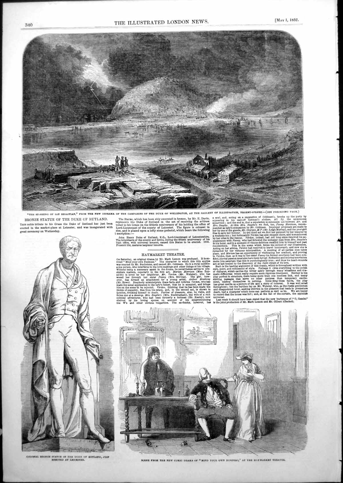 Antique Old Print Storming San Sebastian Drama Mind Your Own Business 1852 19th