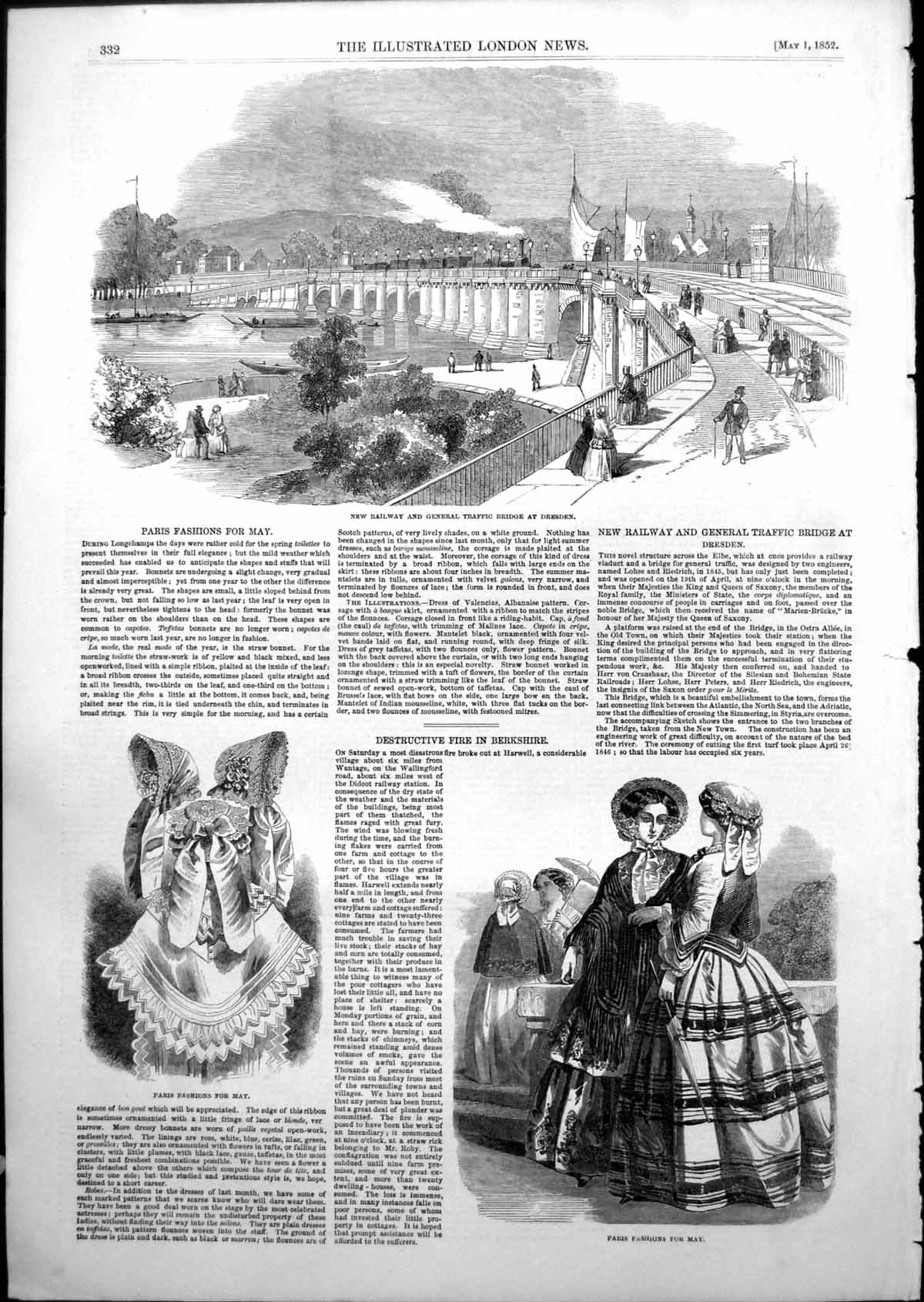 Old New Railway Traffic Bridge Dresden Paris Fashions May 1852 Ref.2 Victorian