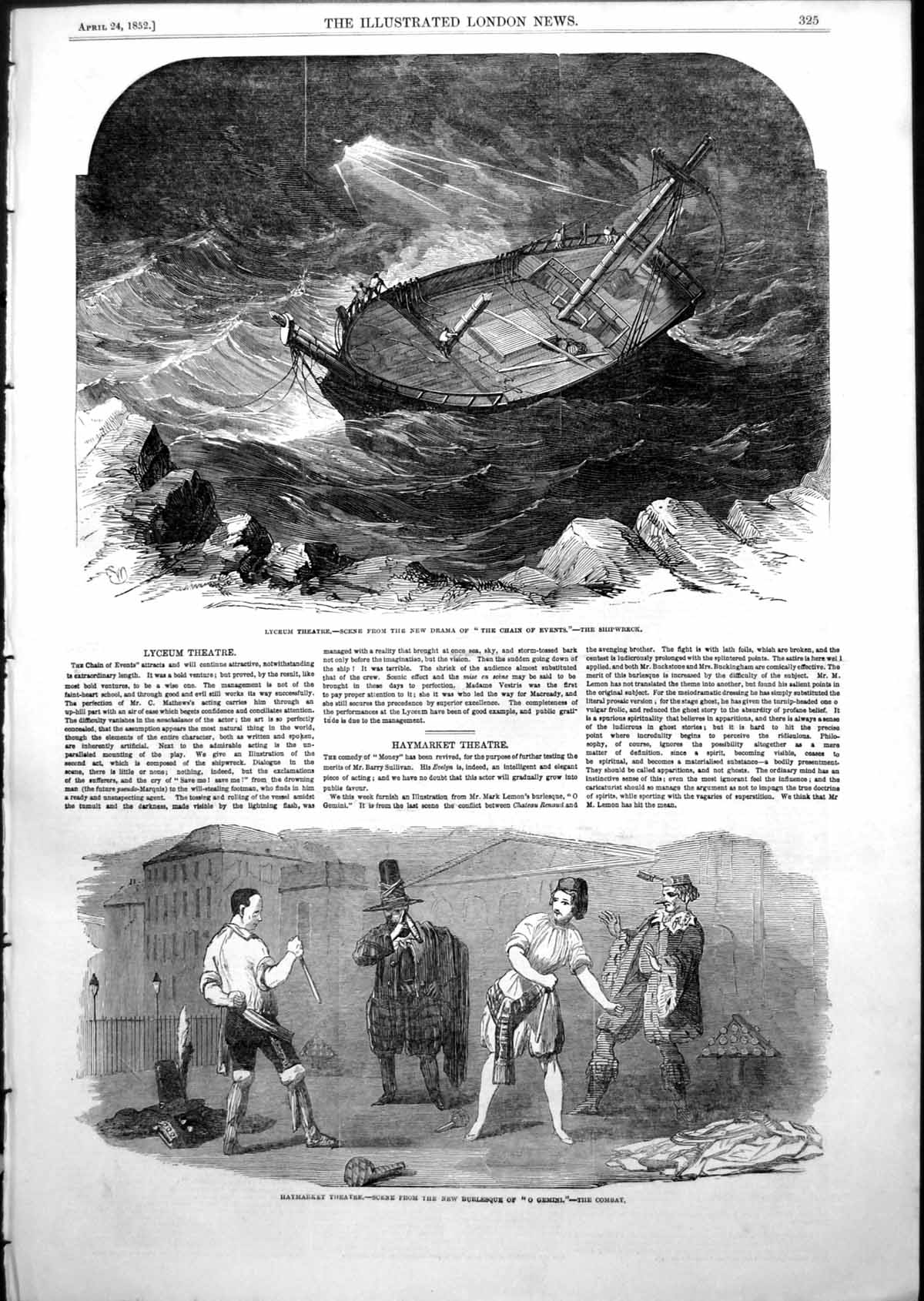 Antique Old Print Drama Chain Events Shipwreck Burlesque O Gemini Combat 1852