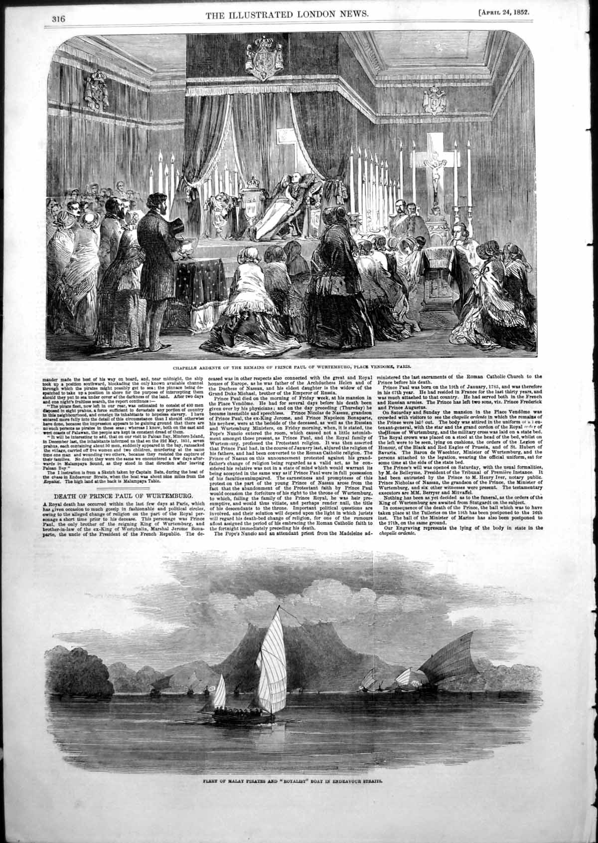 Antique Old Print Death Prince Paul Wurtemburg Malay Pirates Endeavour 1852