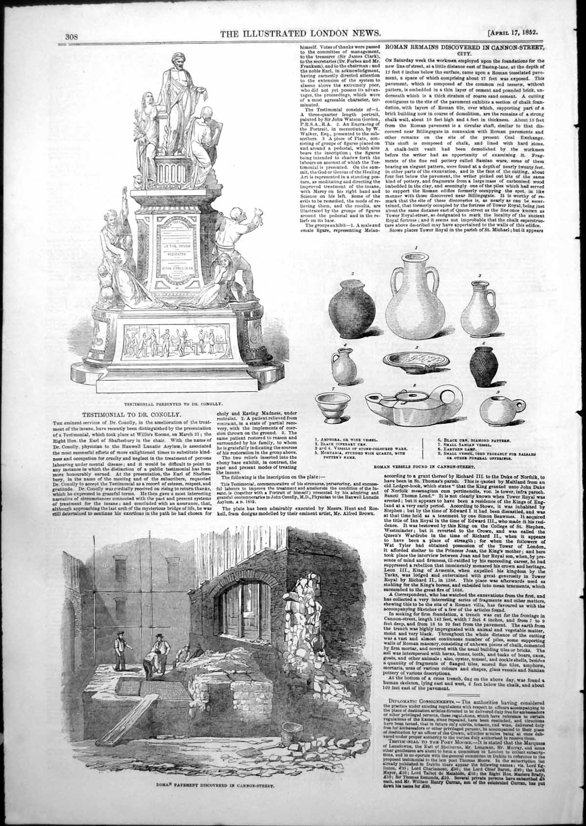 Antique Old Print Testimonial Dr Conolly Roman Pavement Cannon Street 1852 19th