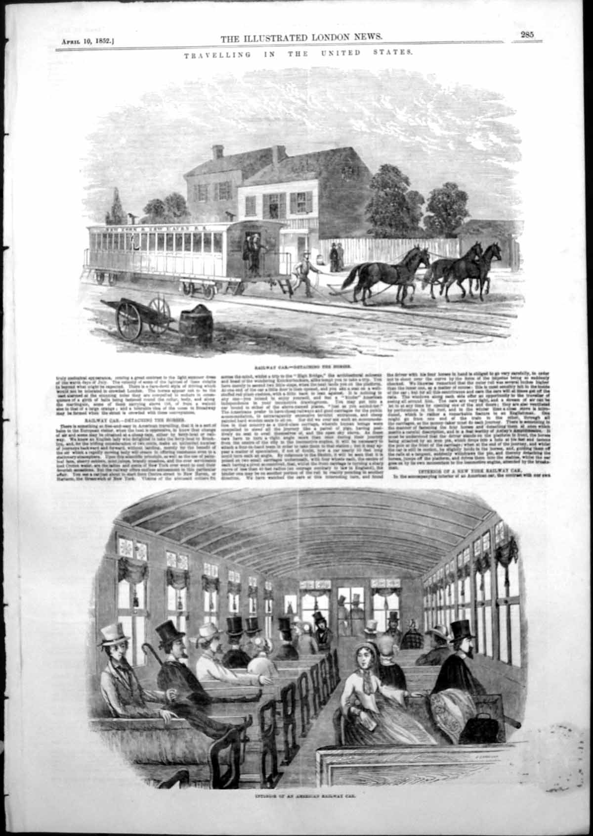 Old Print Railway Car Detaching Horses Interior America Railway Car 1852 19th