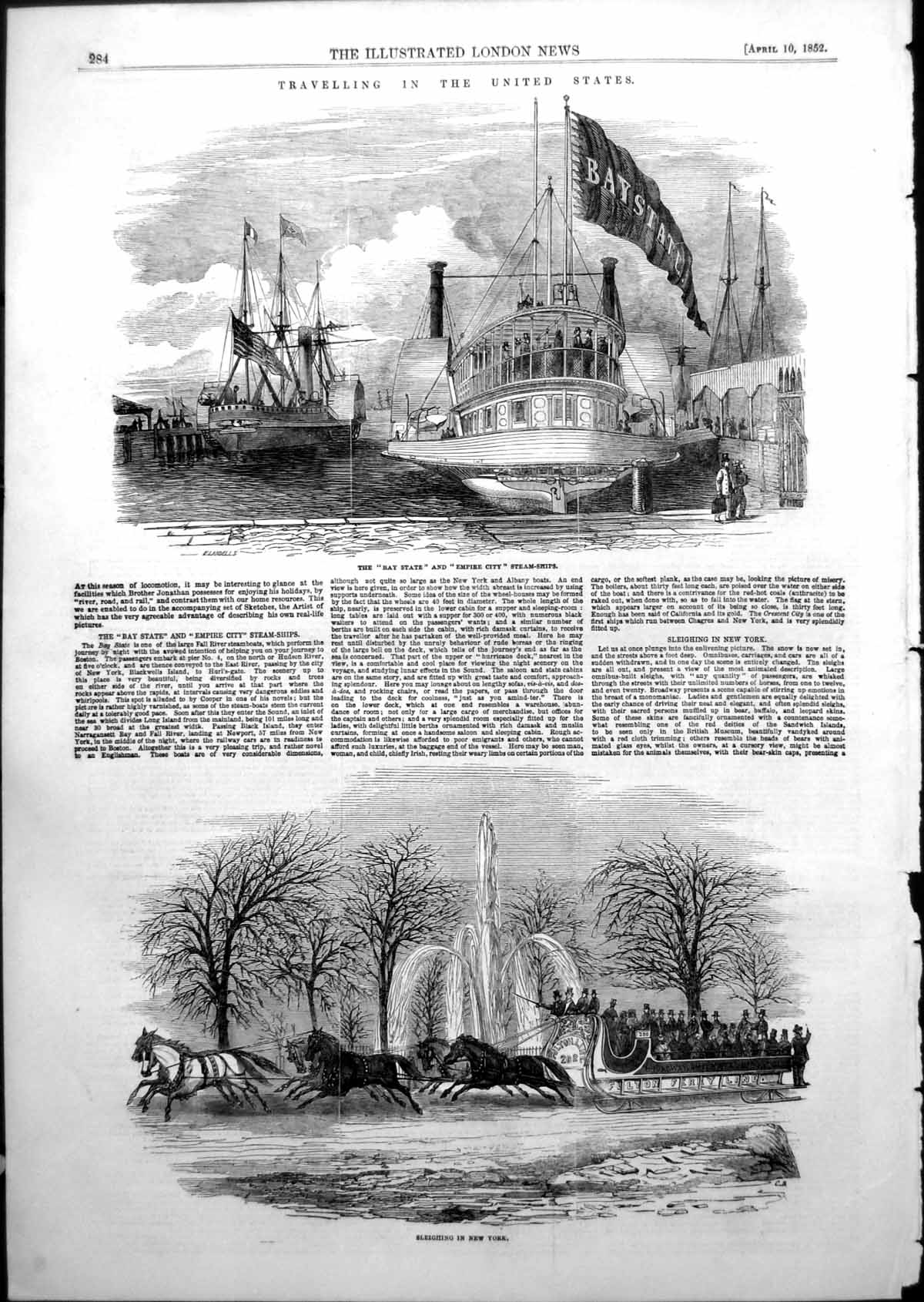 Antique Old Print Bay State Empire City Steam Ships Sleighing New York 1852