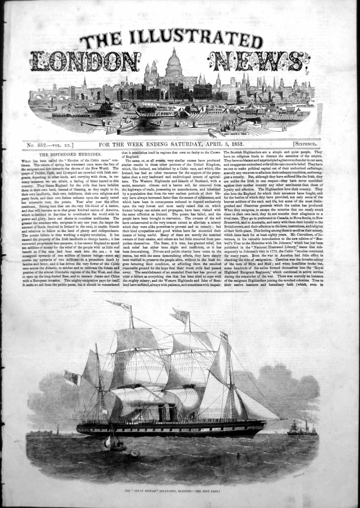 Antique Old Print Great Britain Steamship Refitted Atlantic W Williams 1852