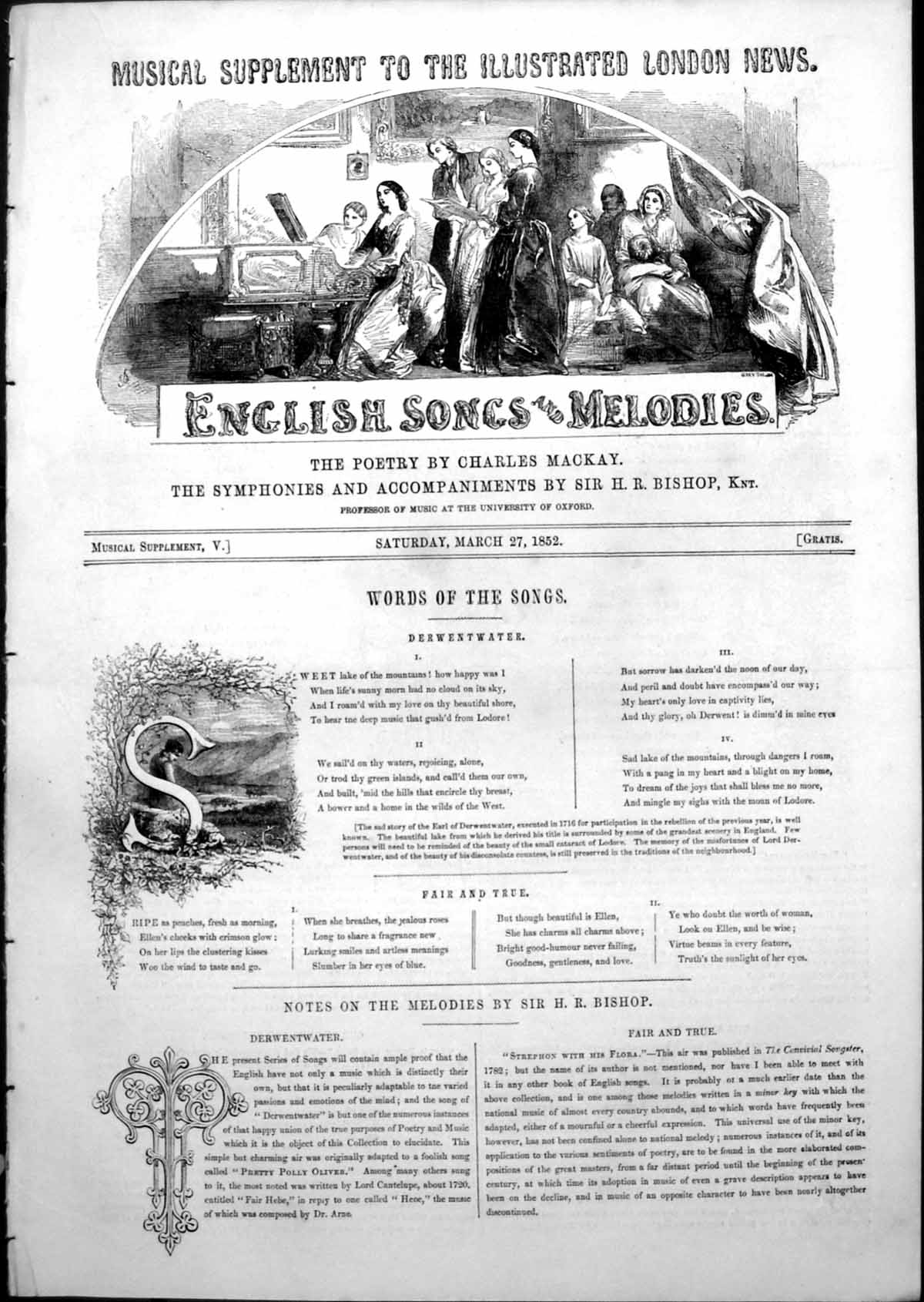 Original Old Antique Print English Songs Melodies Derwentwater Fair True 1852