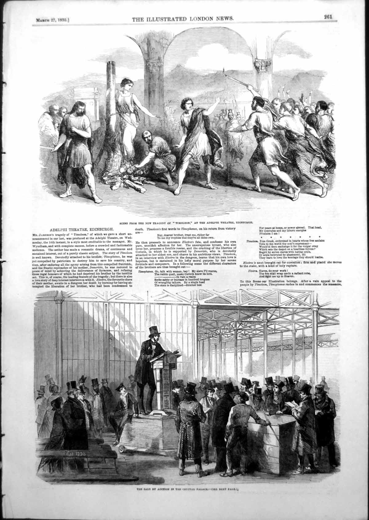 Antique Old Print Timoleon Adelphi Theatre Sale Auction Crystal Palace 1852