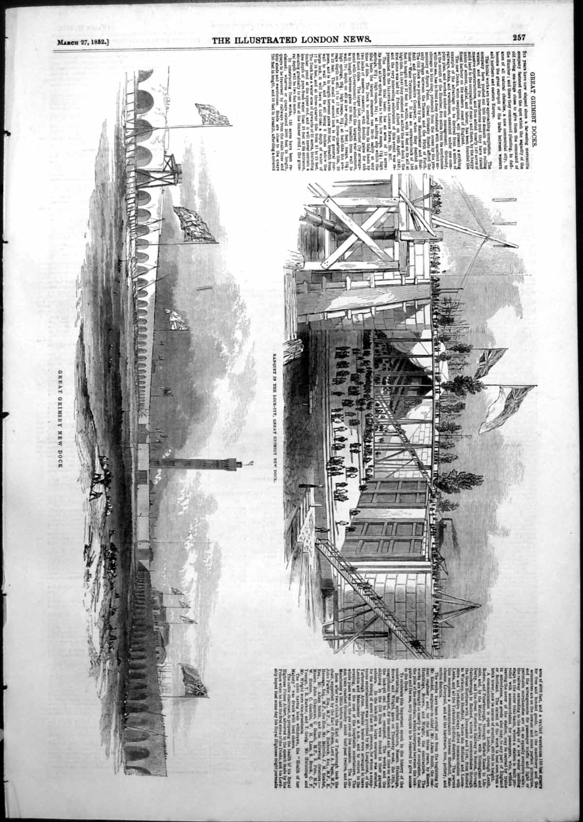 Original Old Antique Print Banquet Lock-Pit Great Grimsby New Dock 1852 19th