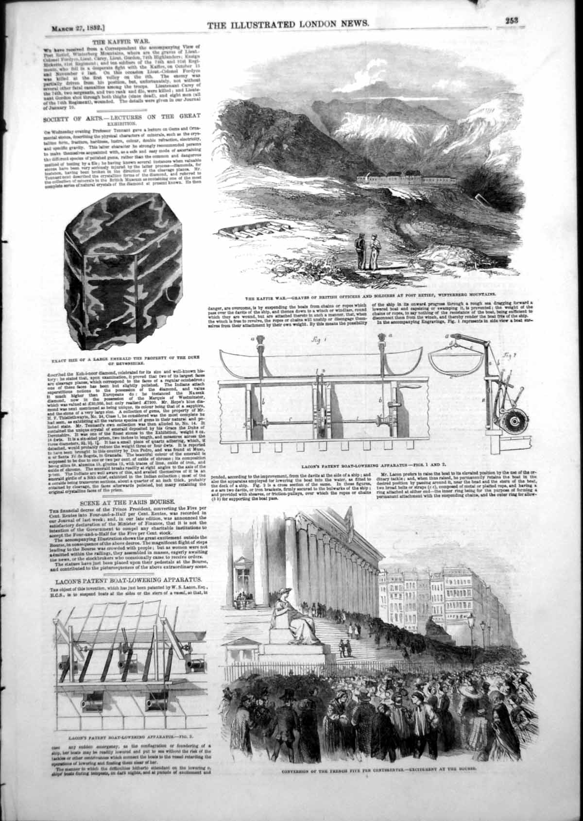 Old Print French Five Per Centsrentes Lacons Boat Lowering Apparatus1852 19th
