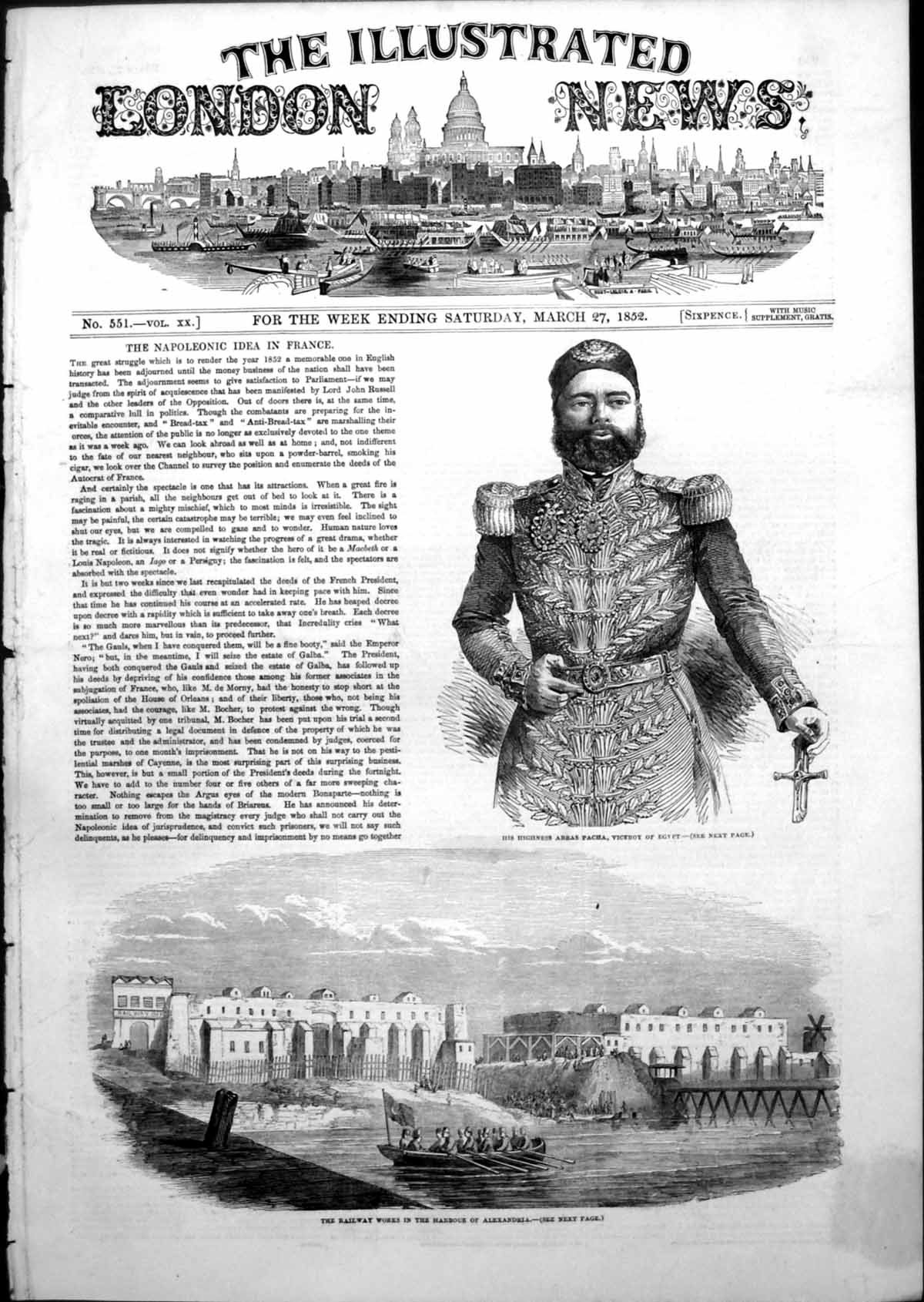Old Antique Print Abbas Pacha Viceroy Egypt Railway Works Alexandria 1852 19th
