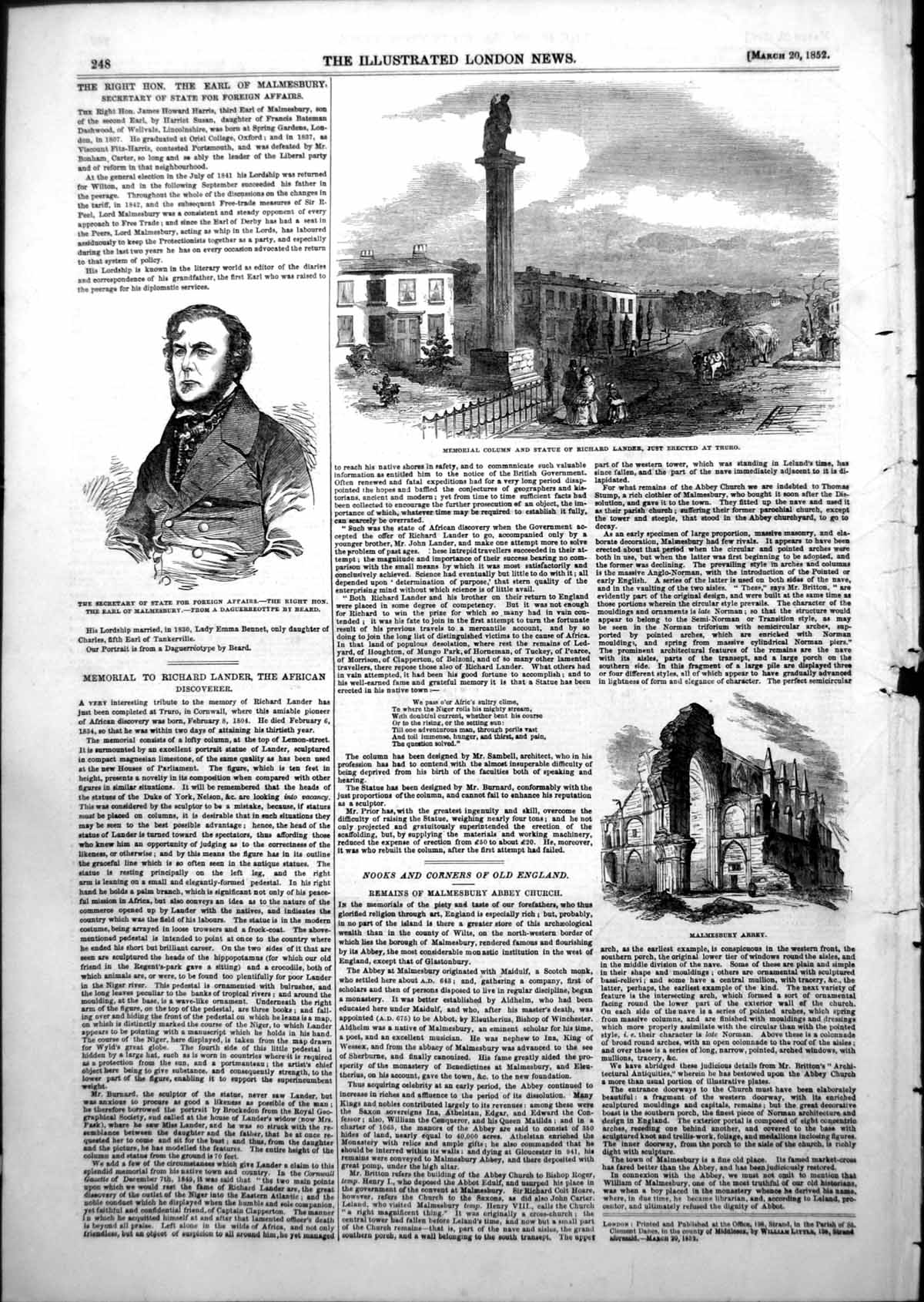 Antique Old Print Memorial Statue Richard Lander Truro Malmesbury Abbey 1852