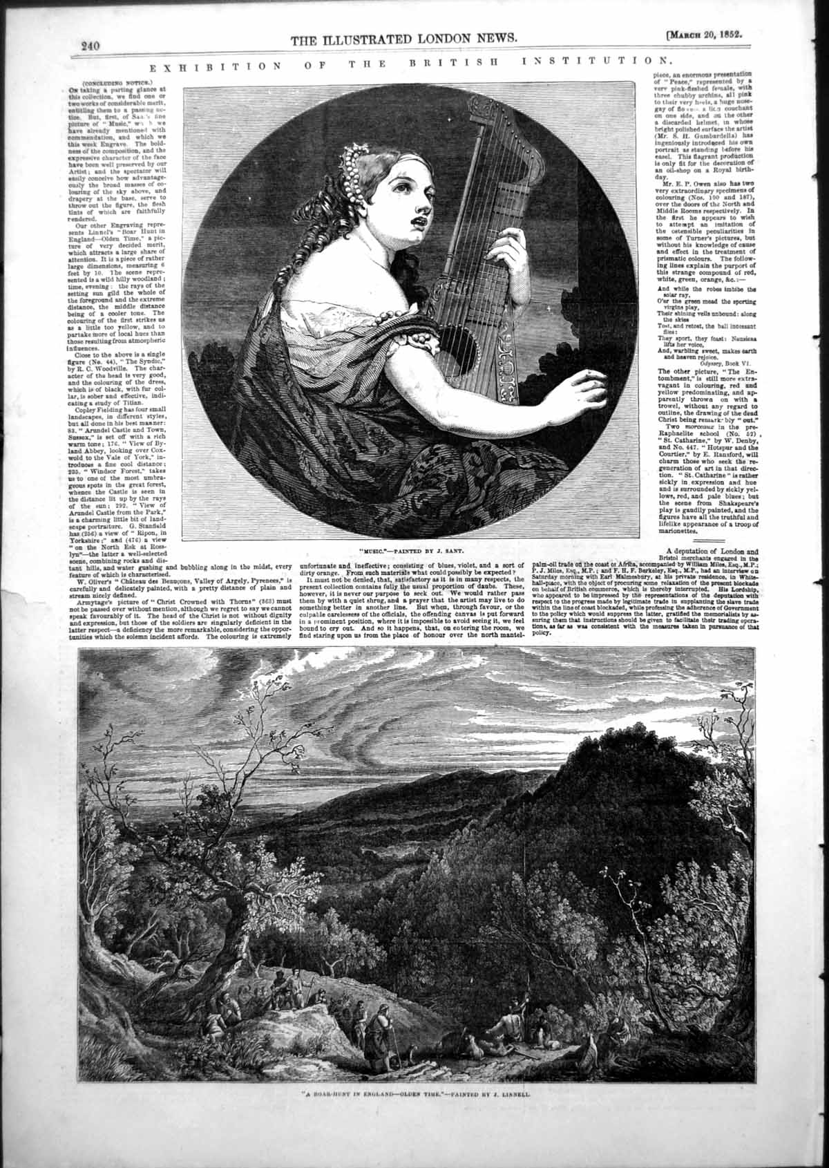 Old Antique Print Music J Sant Boar Hunt England en Times J Linnell 1852 19th