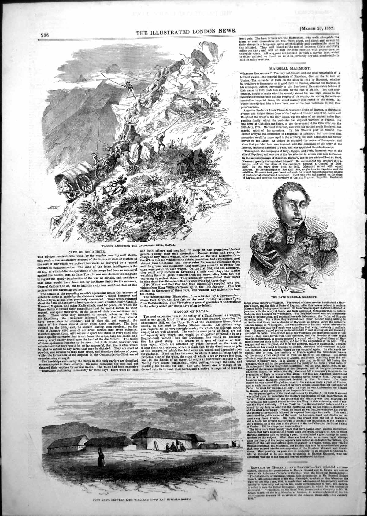 Original Old Antique Print Marshal Marmont Fort Grey King Williams Town 1852