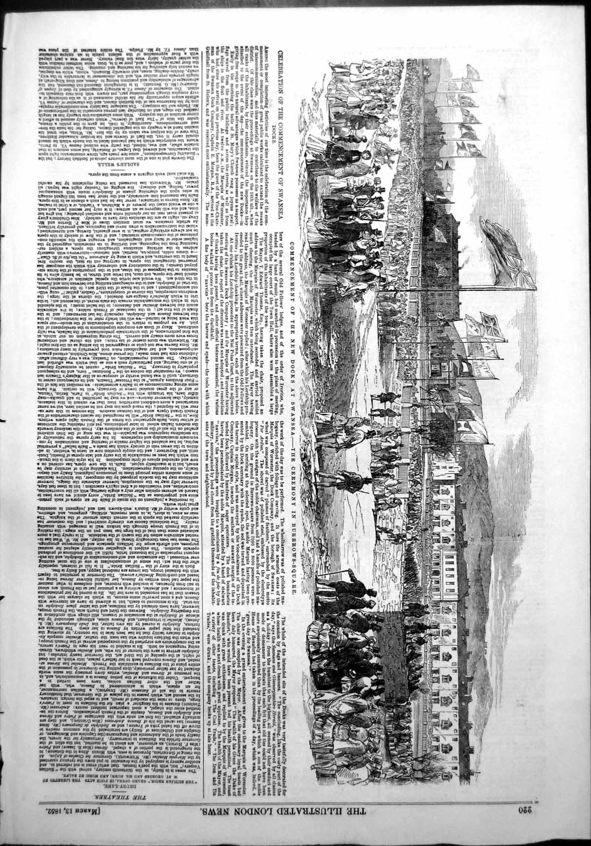 Old Antique Print Commencement Docks Swansea Ceremony Burrows Square 1852 19th