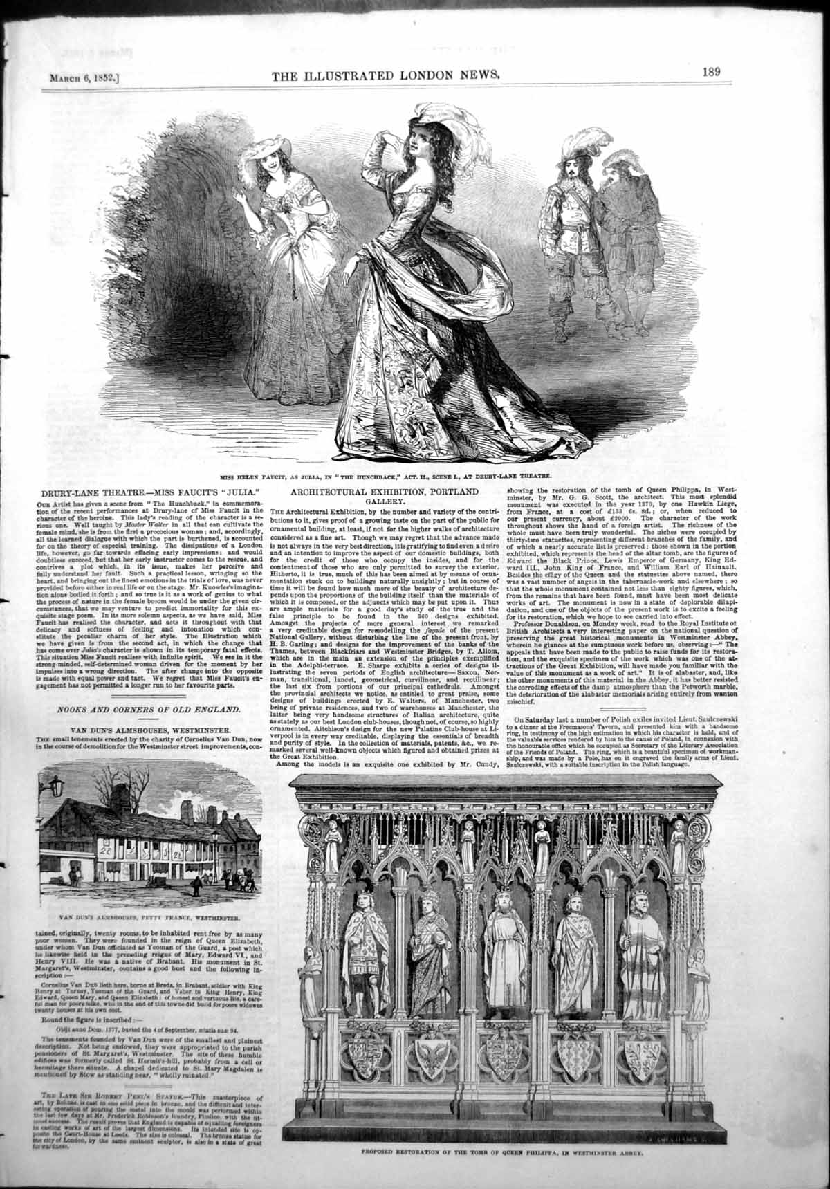 Old Print Julia Hunchback Drury Lane Restoration Tomb Queen Philippa1852 19th