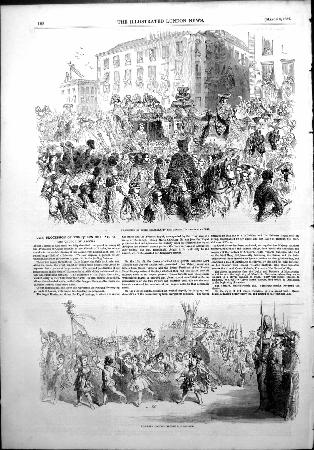 Antique Old Print Procession Queen Isabella Church Atora Madrid Children 1852
