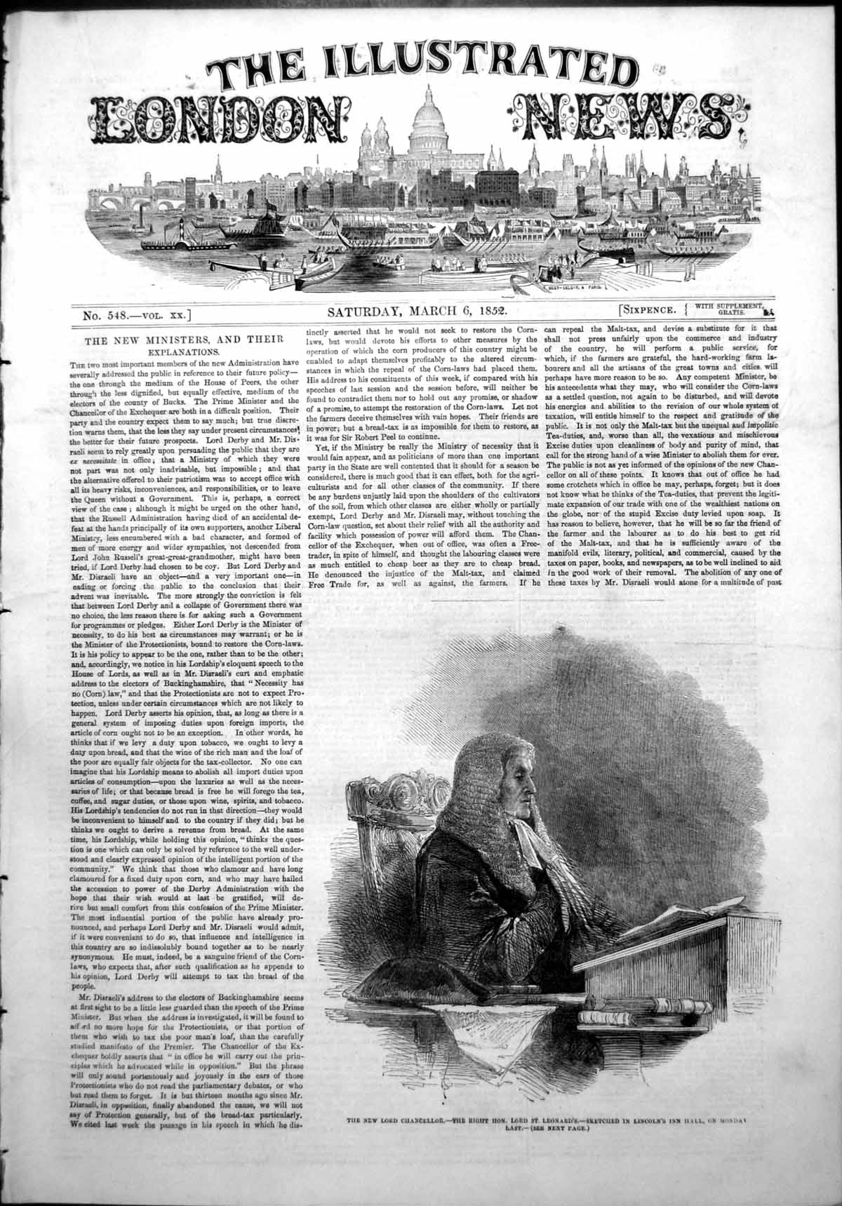 Antique Old Print New Lord Chancellor Lord St Leonards Lincolns Inn Hall 1852