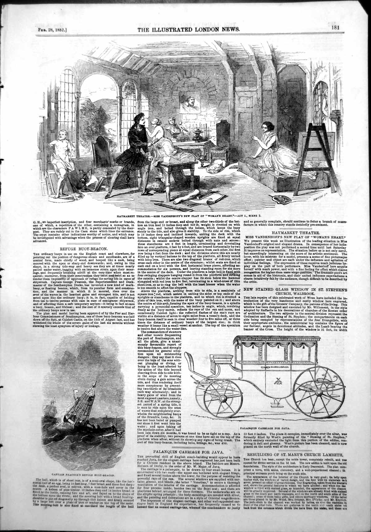 Antique Old Print Vandenhoffs Play Womans Heart Capt Peacocks Buoy Beacon1852