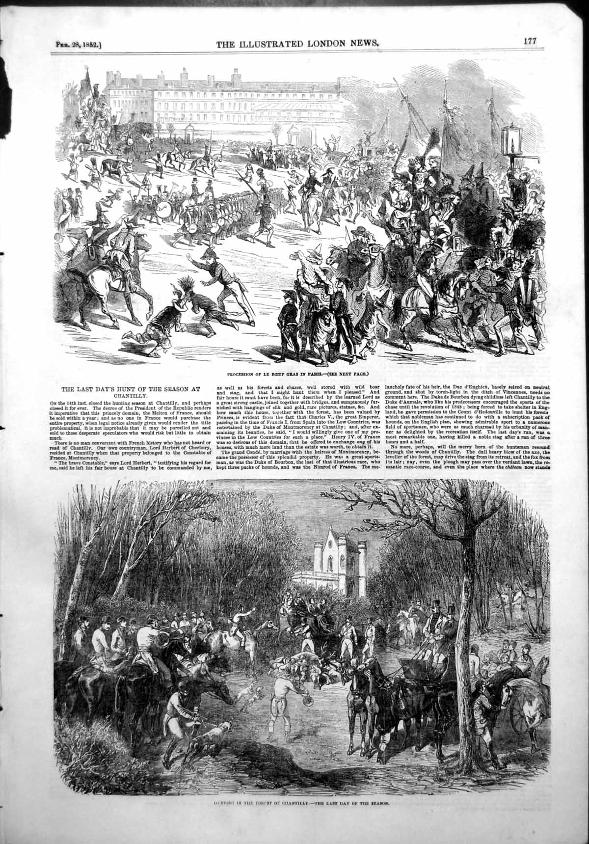 Antique Old Print Procession Le Boeuf Gras Paris Last Day Hunt Chantilly 1852