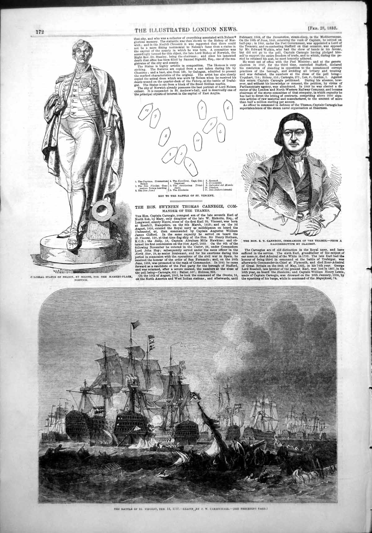 Old Print Statue Nelson Norwich Battle St Vincent St Carnegie Thames 1852 19th