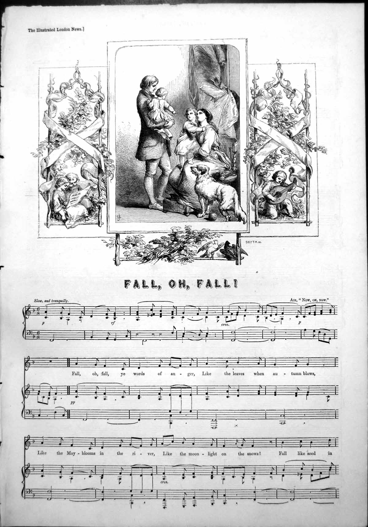 Original Old Antique Print Sheet Music Fall Oh Fall Smyth Air Now Oh Now C1852