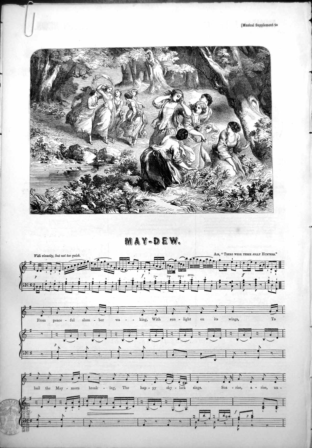 Antique Old Print Sheet Music May Dew Air There Were Three Jolly Hunters 1852