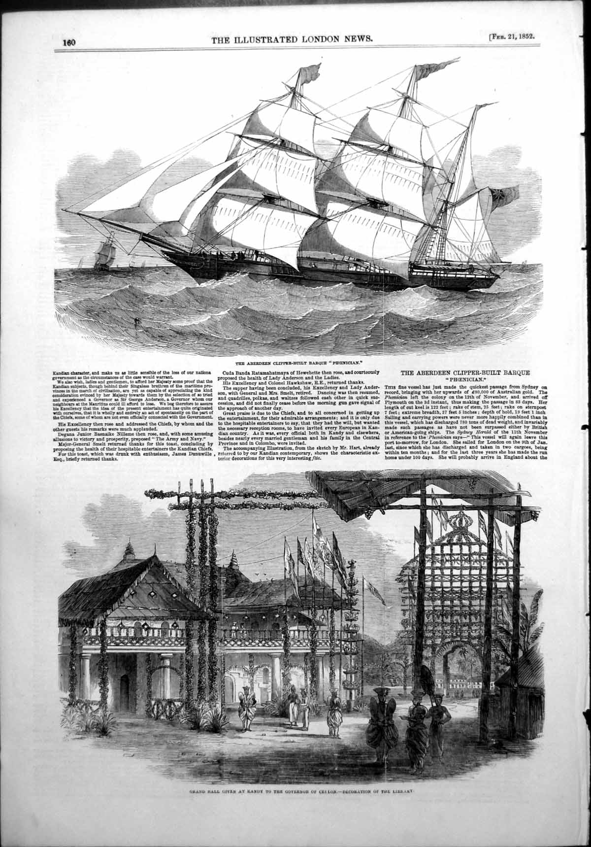 Antique Old Print Ball Kandy Governor Ceylon Clipper Barque Phoenician 1852