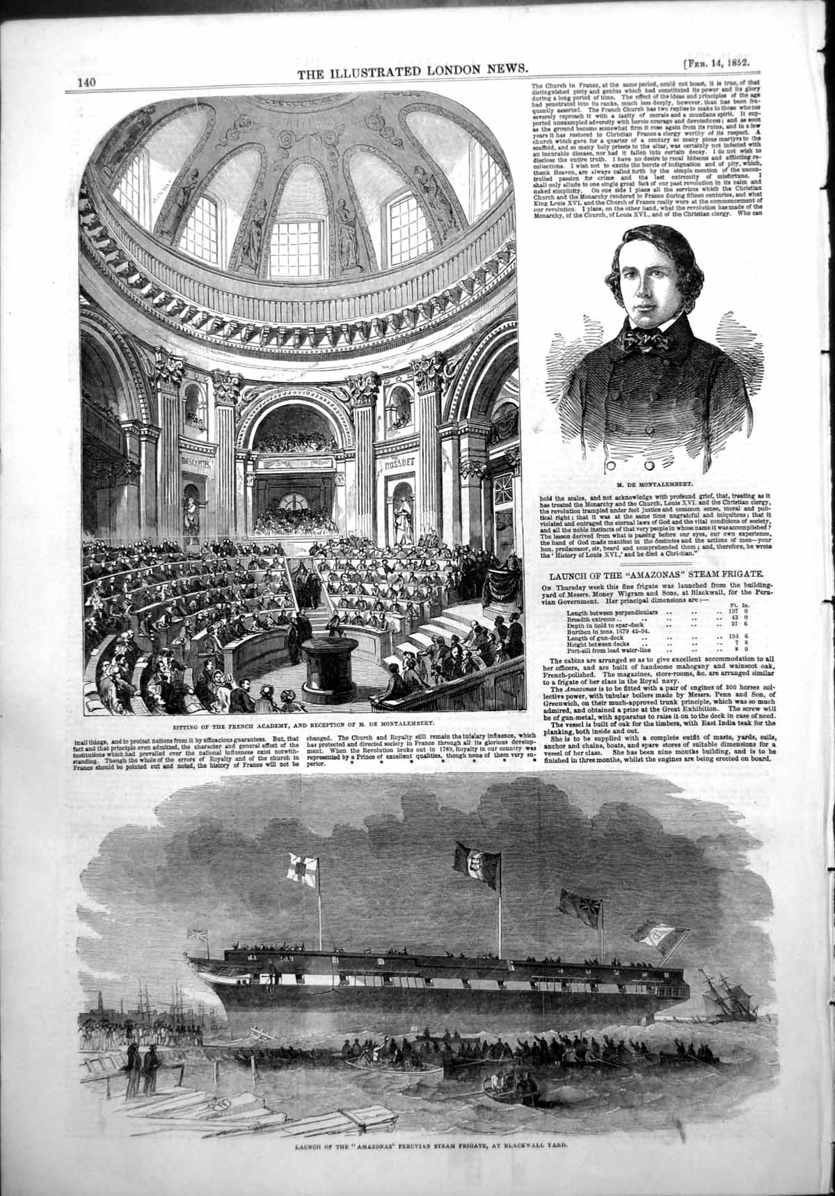 Antique Old Print Sitting French Academy De Montalembert Launch Amazonas1852