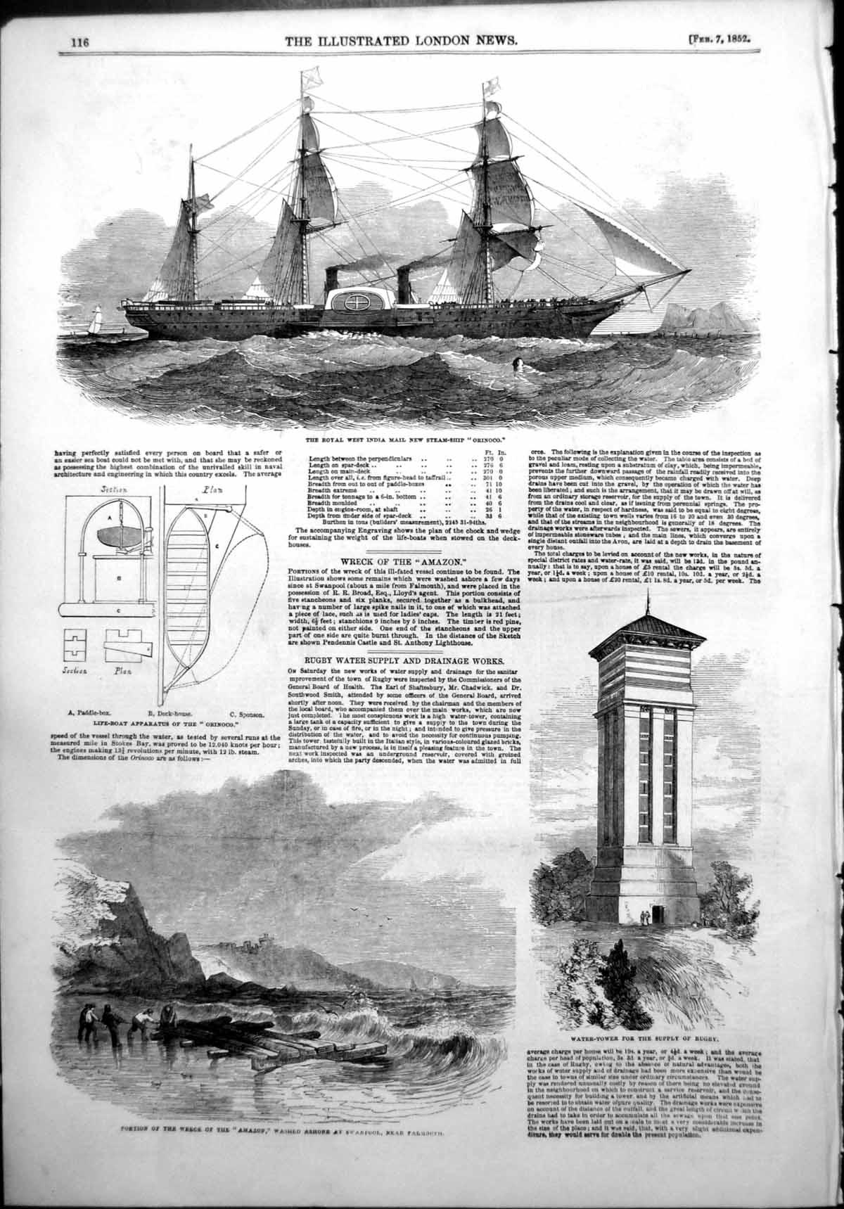 Antique Old Print West India Steam Ship Orinoco Wreck Amazon Falmouth 1852 19th
