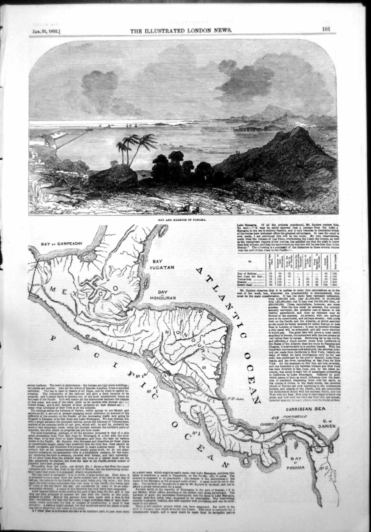 Original Old Antique Print Bay Harbour Panama Map Mexico Honduras Panama 1852