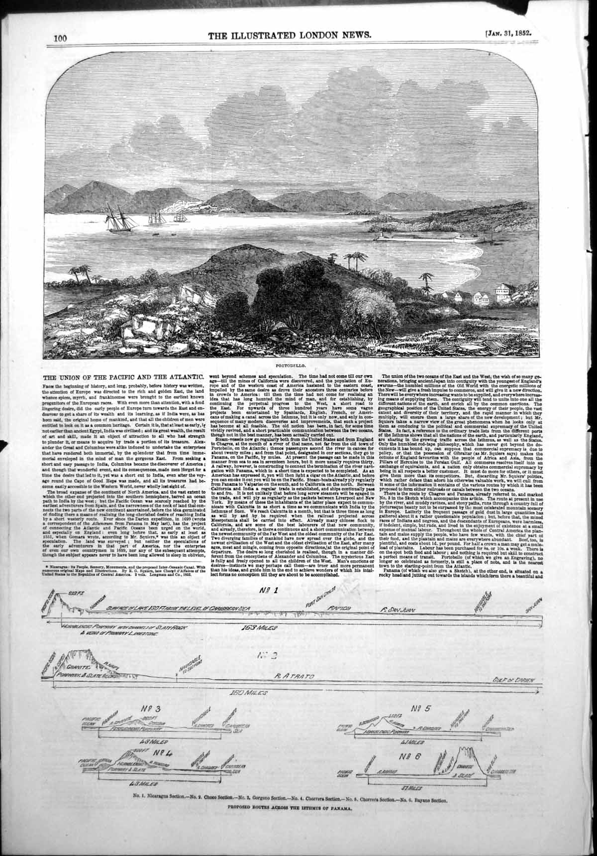 Antique Old Print Portobello Union Pacific Atlantic Plan Isthmus Panama 1852