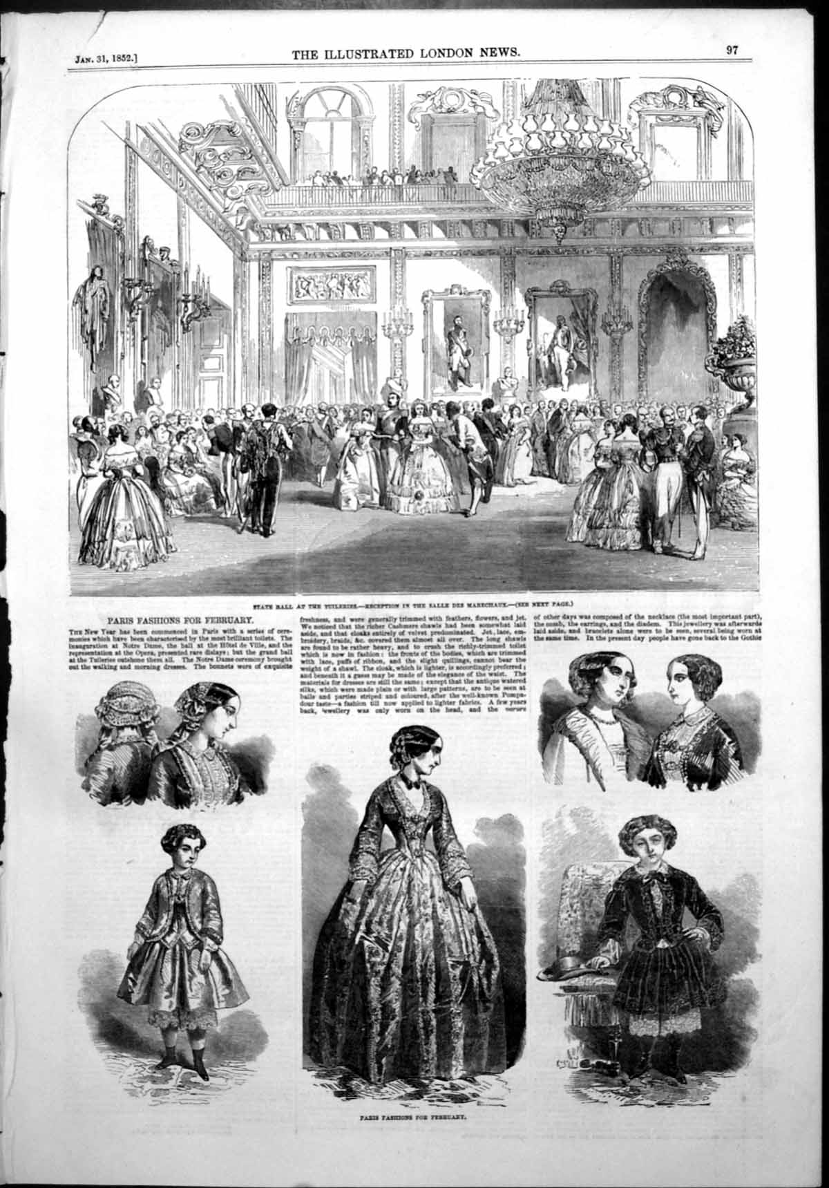 Antique Print State Ball Tuileries Salle Des Marechaux Paris Fashions 1852 19th