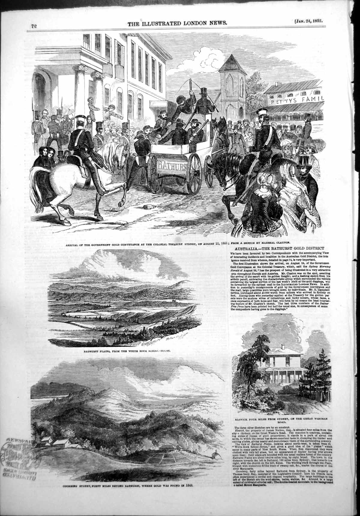 Antique Old Print Australia Bathurst GDistrict Elswick Coombing Sydney 1852