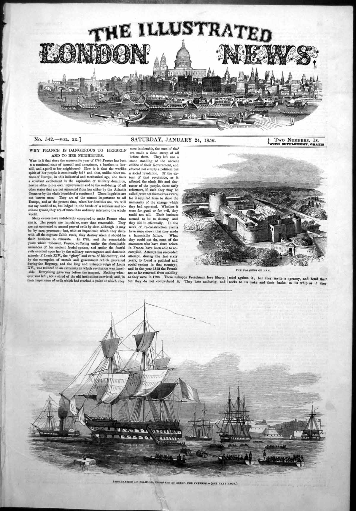 Old Print Embarkation Political Prisoners Brest Cayenne Fortress Ham1852 19th