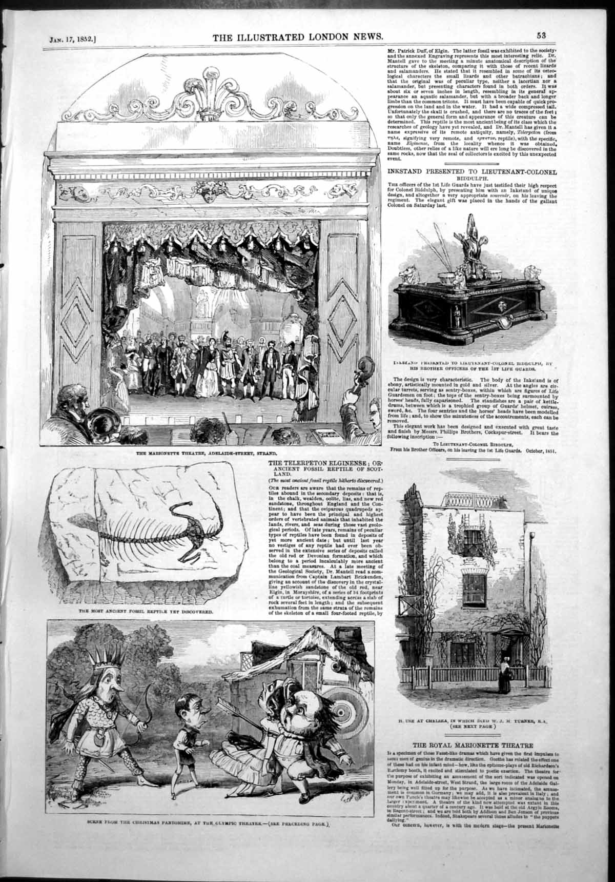 Old Print Marionette Theatre Strand Ancient Fossil Reptile Scotland 1852 19th