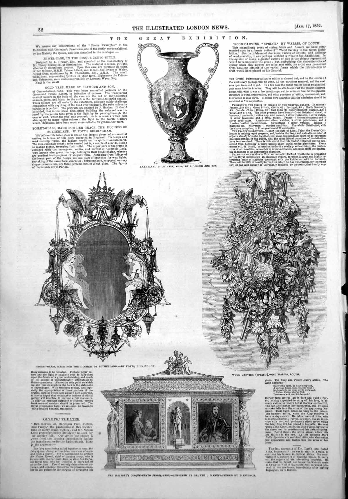 Antique Print Great Exhibition Toilet Glass Duchess Sutherland Carving 1852