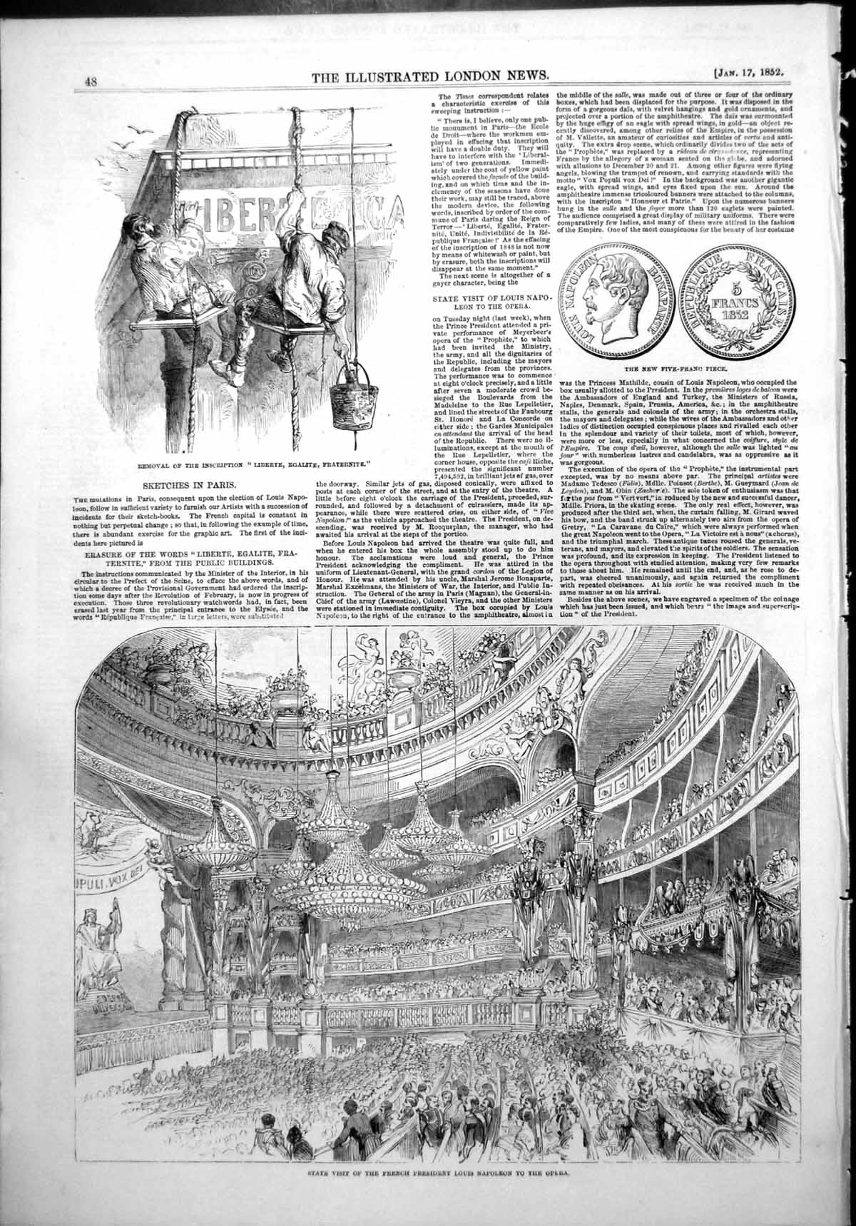 Old Print New Five Franc Piece French President Louis Napoleon Opera 1852 19th