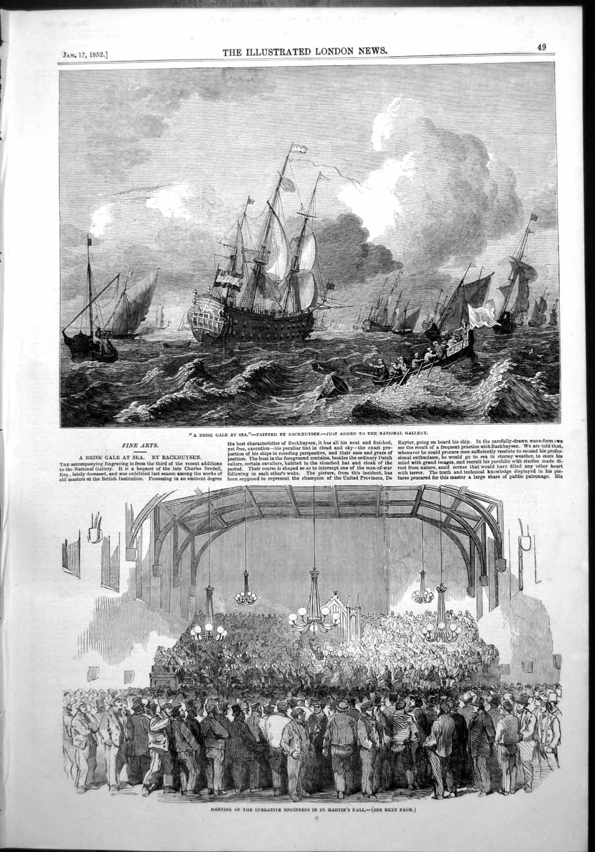 Antique Old Print Brisk Gale Sea Backhuysen Meeting Operative Engineers 1852