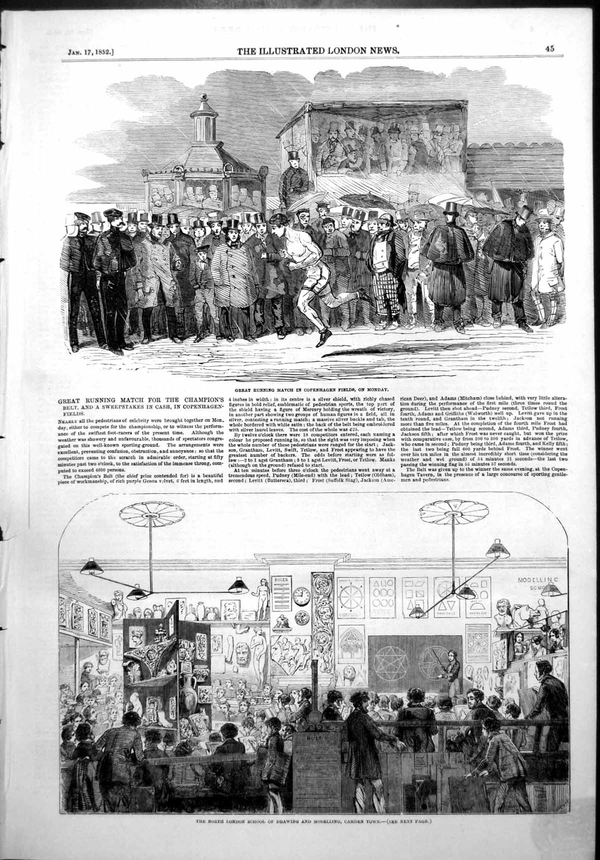 Antique Old Print Running Match Copenhagen Fields School Drawing Camden 1852