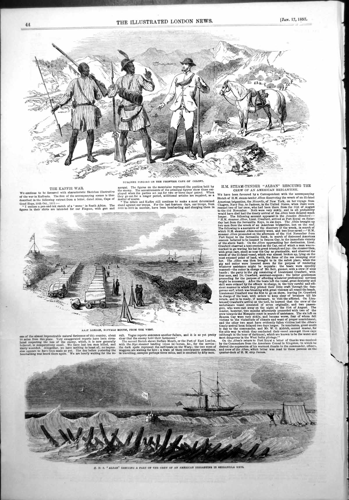 Antique Print East London Buffalo Mouth Hms Alban Rescuing Brigantine 1852 19th