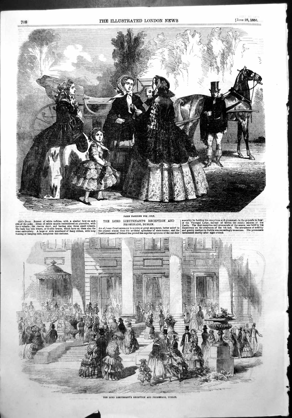 Old Print Lord Lieutenants Reception Promenade Dublin Paris Fashions 1856 19th