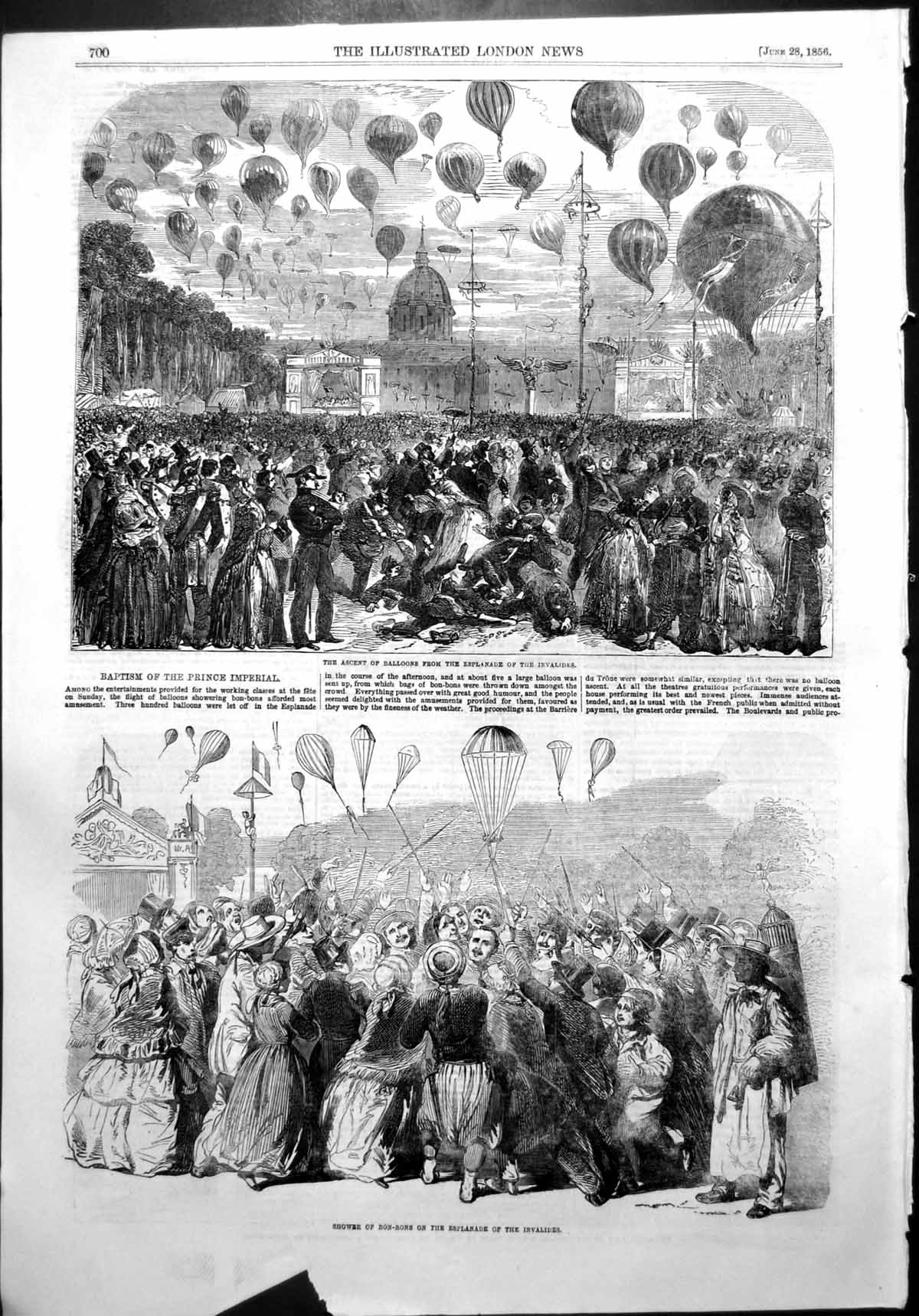 Antique Old Print Baptism Prince Imperial Balloons Bon Bons Esplanade 1856 19th