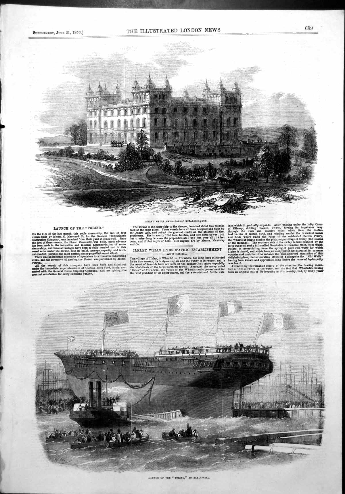 Antique Old Print Ilkley Wells Hydropathic Establishment Launch Torino 1856
