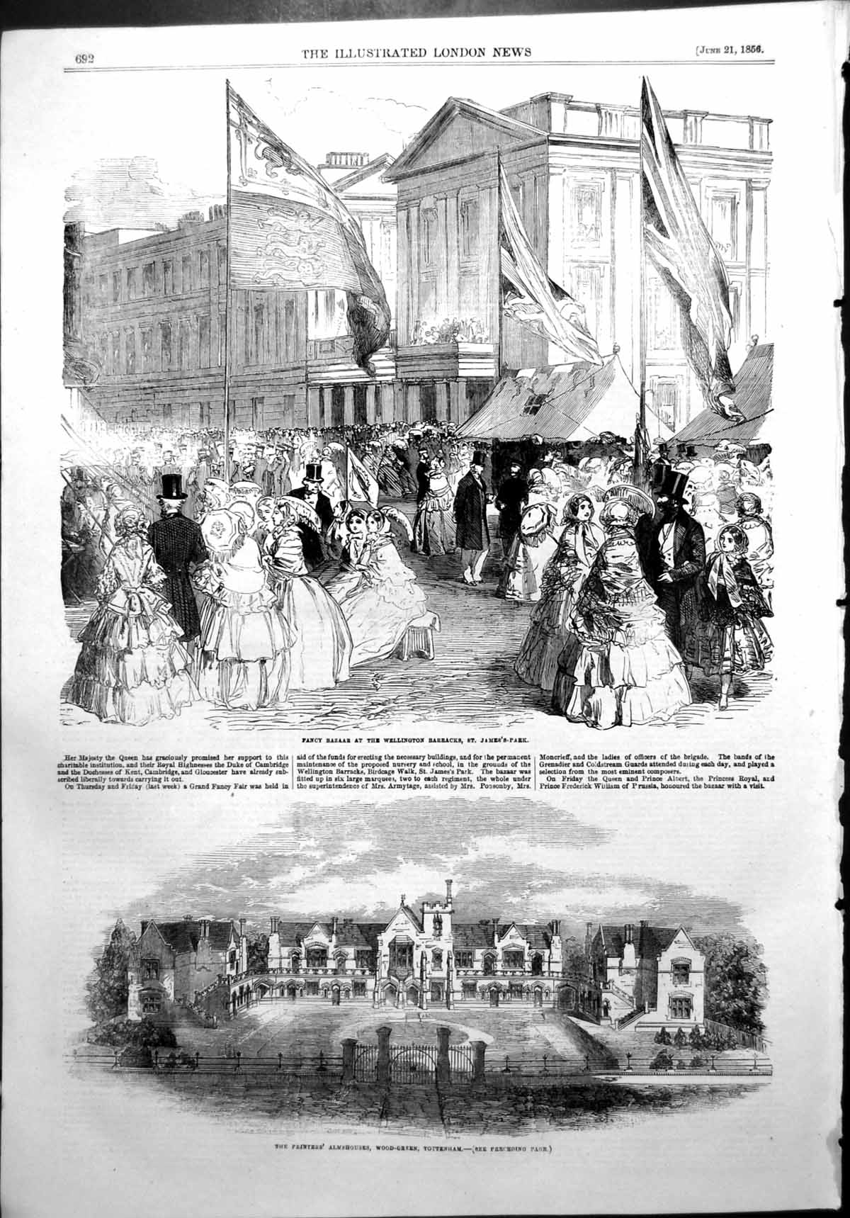 Old Antique Print Bazaar Wellington Barracks Ers Almhouses Tottenham 1856 19th