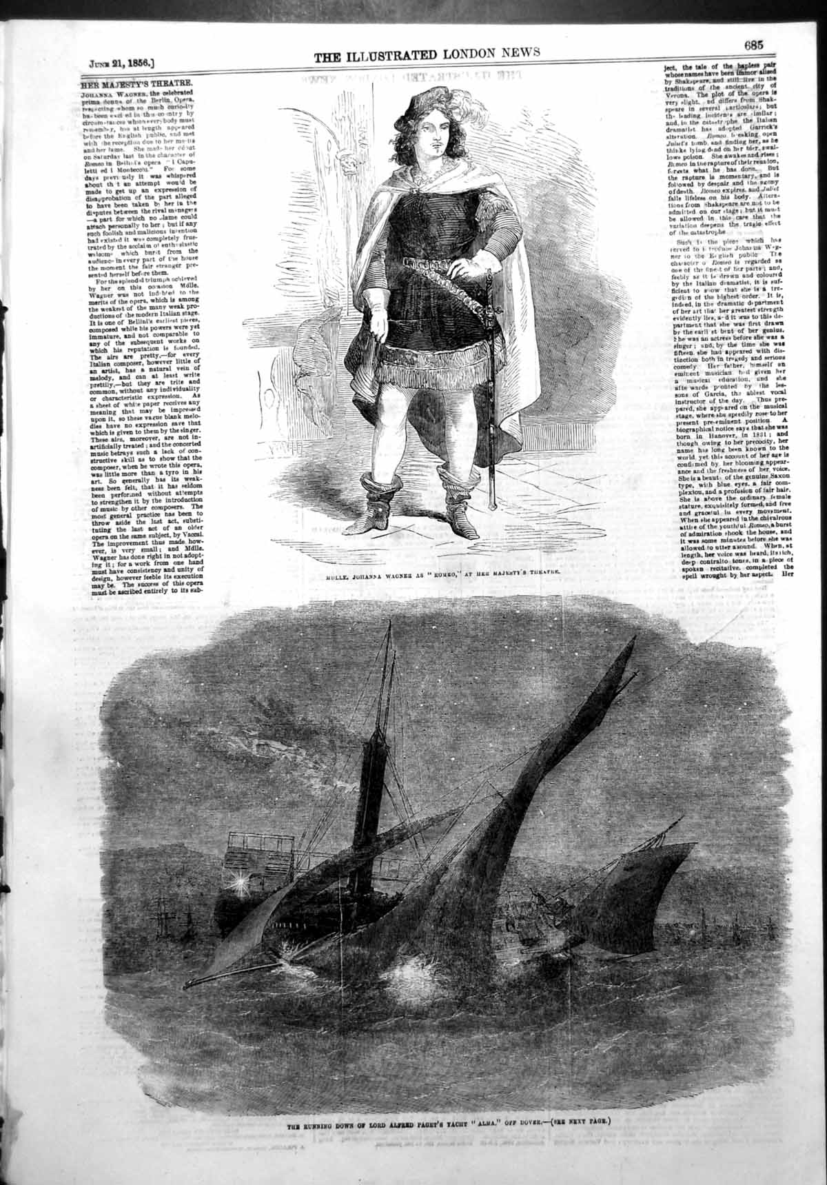 Old Antique Print Running Down Alfred Pagets Yacht Alma Dover Romeo 1856 19th