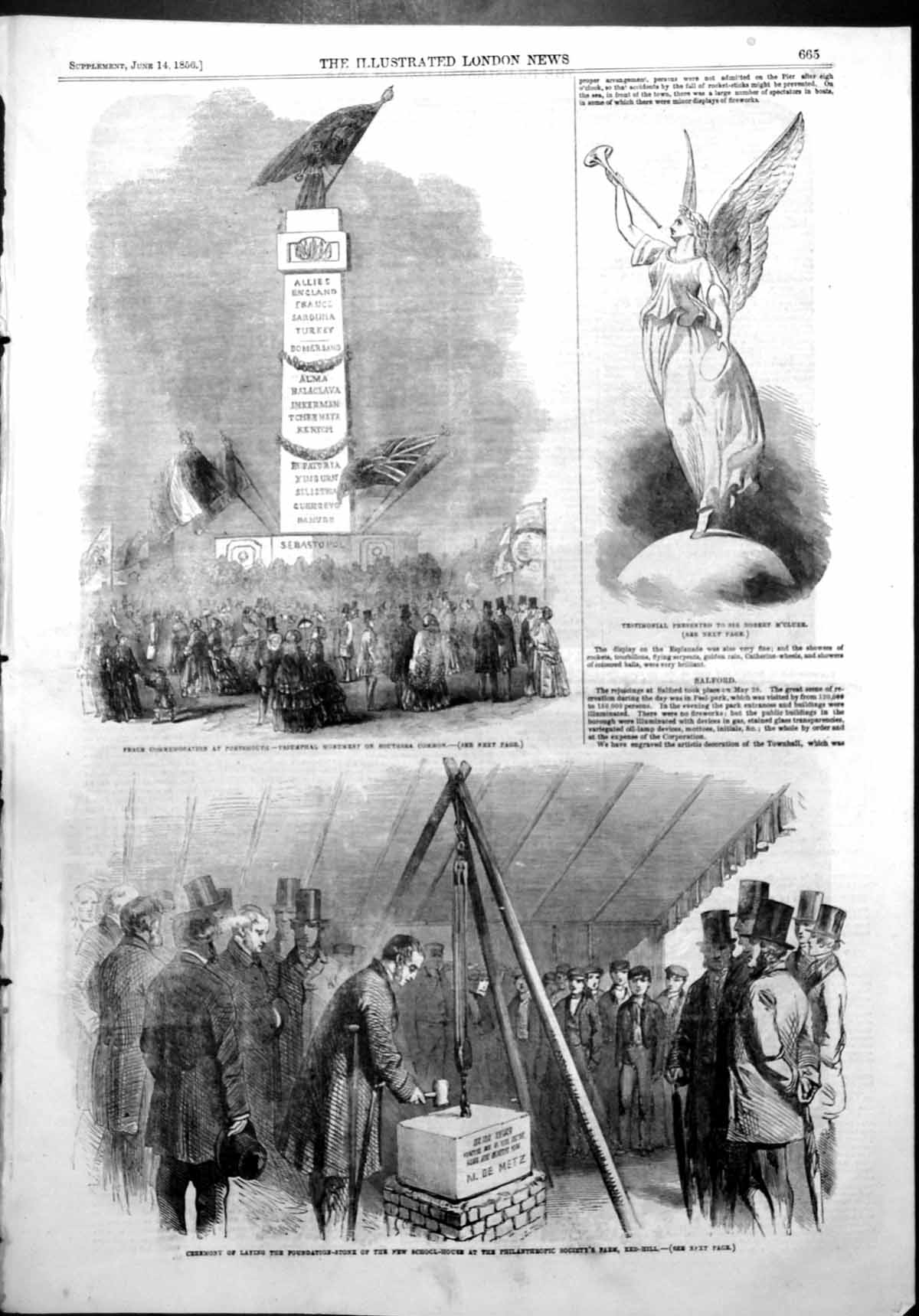 Old Antique Print Triumphal Monument Southsea Philanthropic Soc Farm 1856 19th