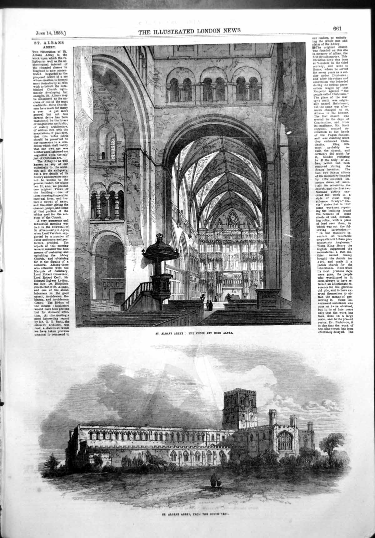 Old Antique Print St Albans Abbey Choir High Altar View South West 1856 19th