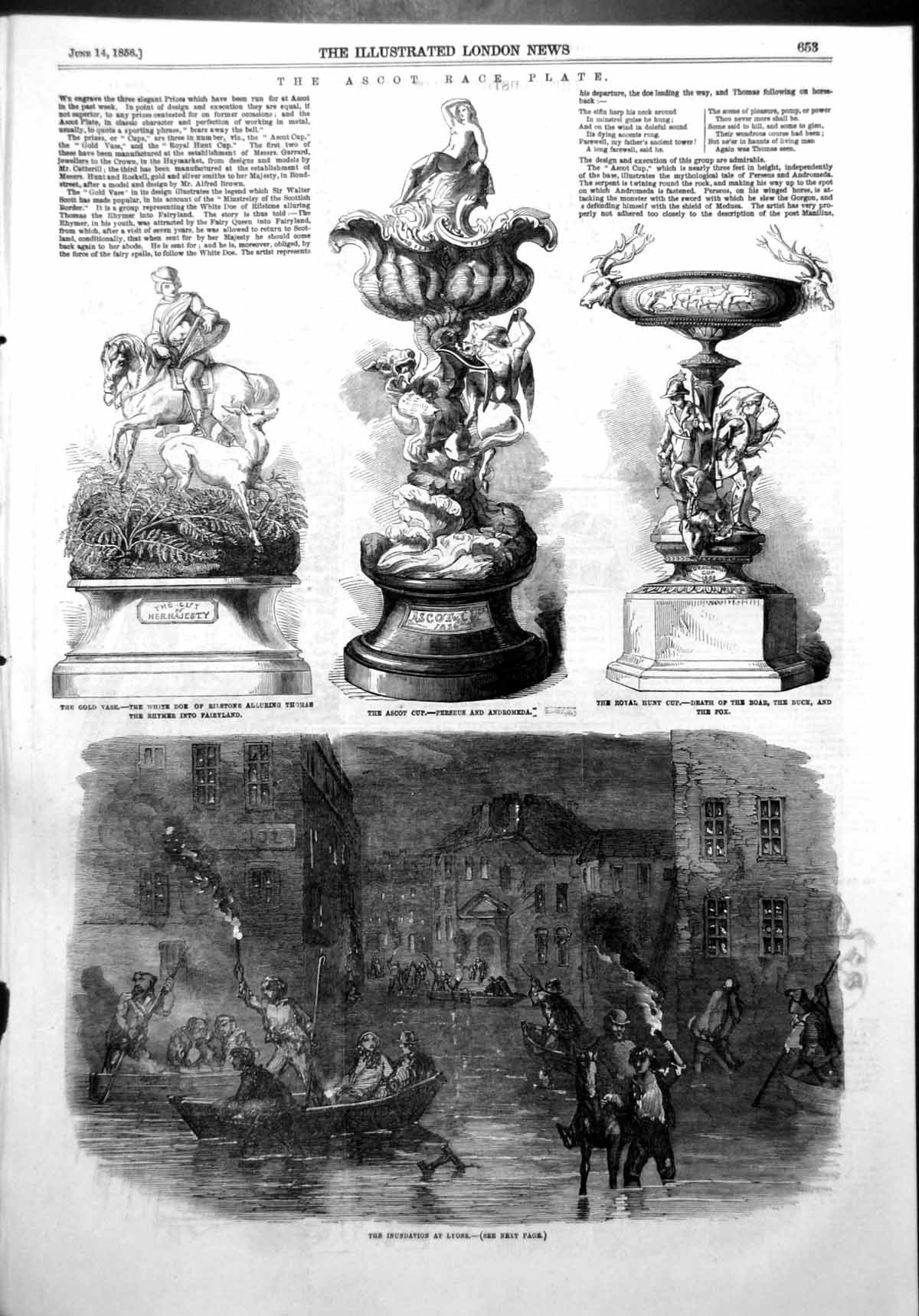 Original Old Antique Print Inundation Lyons Ascot Cup Royal Hunt Cup GVase 1856