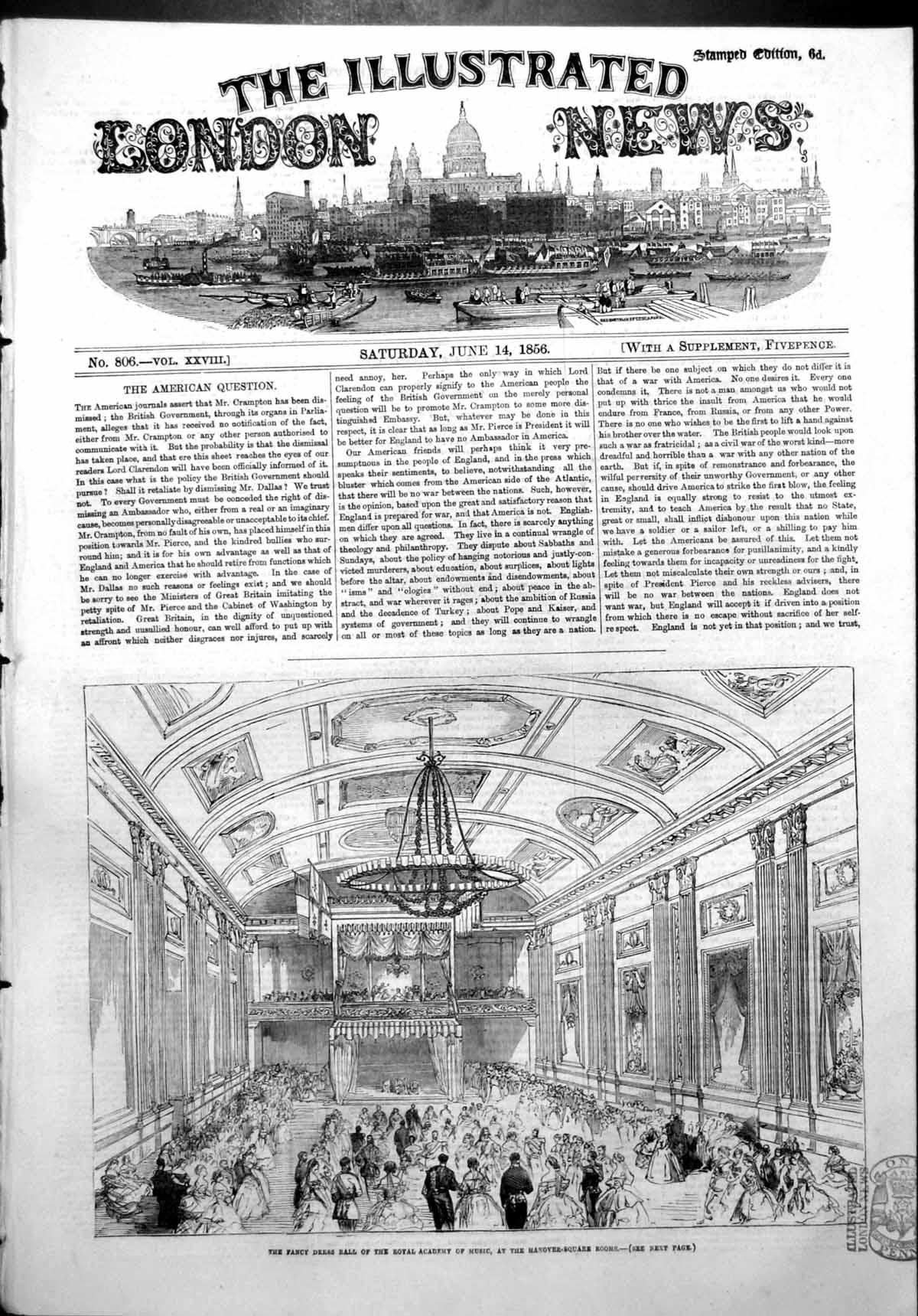 Antique Old Print Fancy Dress Ball Royal Academy Music Hanover Square 1856 19th